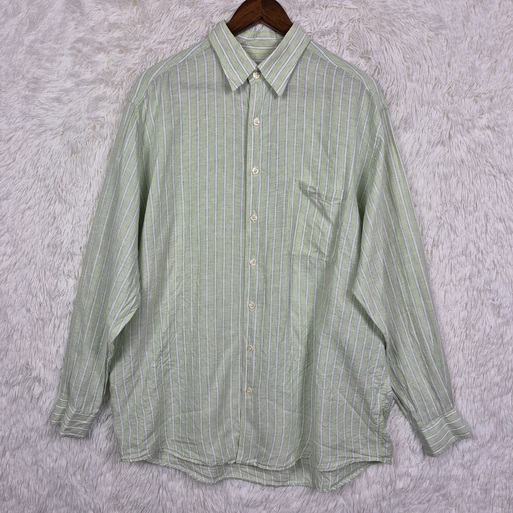 MINE Mens L 100% Linen Striped Long Sleeve Button Up Shirt Pistachio‎ Green